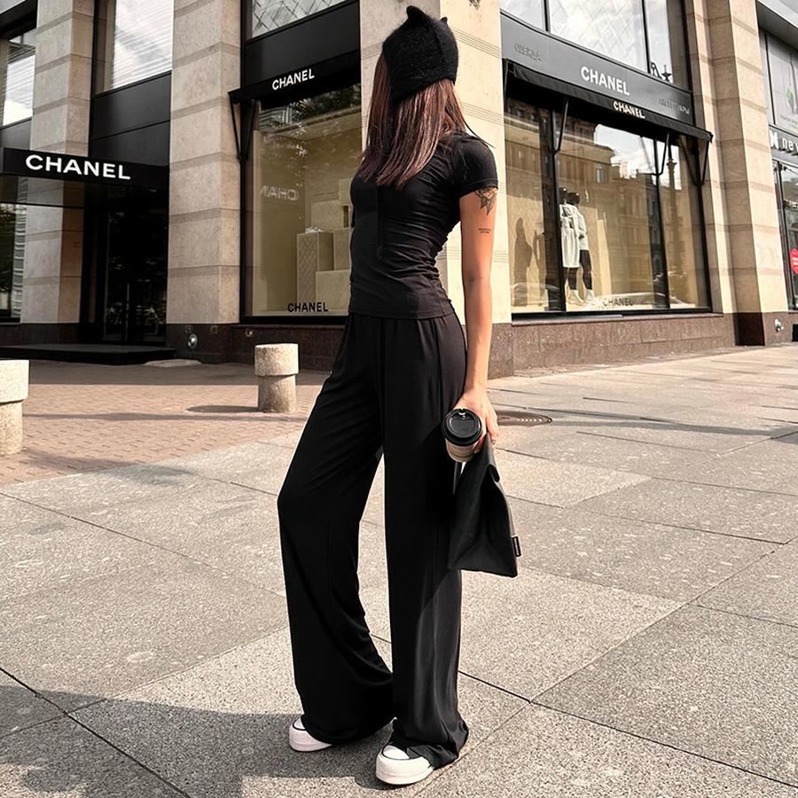 Women's Spring/Autumn New Casual Solid Color Crew Neck Long Sleeve Basic Wide Leg Pants Set