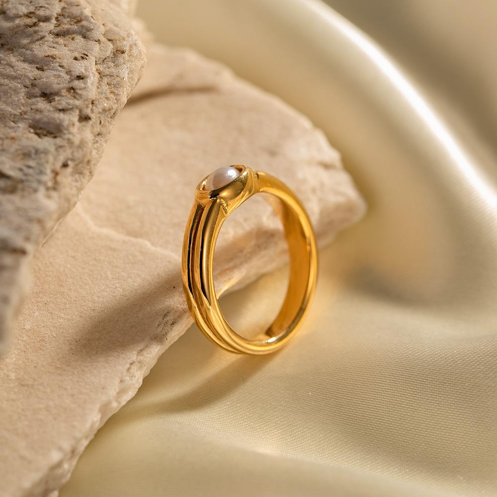 European and American Ins Style Double-layer 18k Gold Stainless Steel Inlaid Pearl Ring Does Not Fade Versatile Stainless Steel Ring