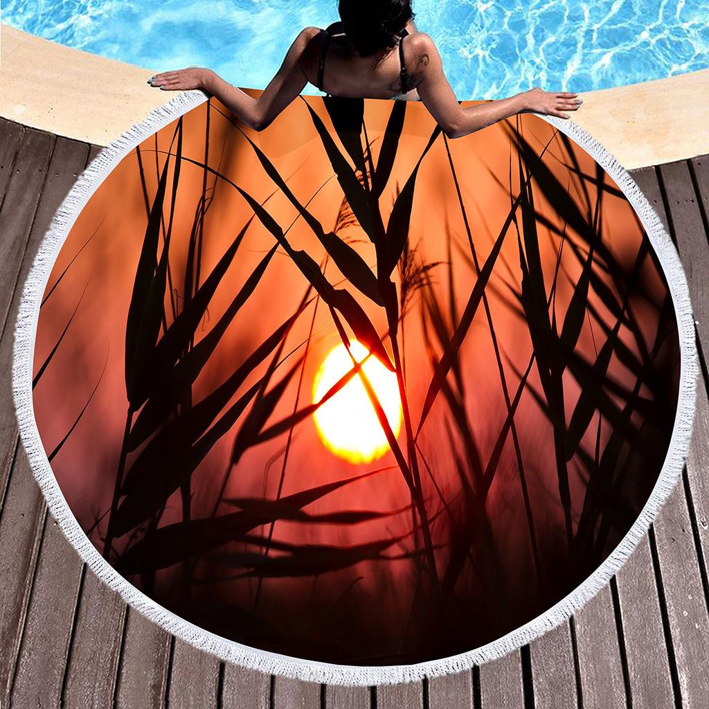 Wild Plant Fluttering Reed Round Beach Towel with Tassels,Polyester Beach Blanket,Soft Absorbent Quick Dry Pool Towel Picnic Mat