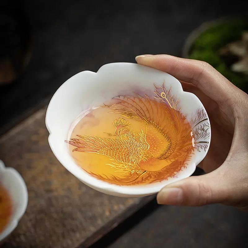 2024 Dragon Year High Grade Sheep Fat Jade White Porcelain Tea Bowl Dragon and Phoenix Cup Paint In Gold Master Pu'er Tea Cup