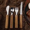 304 Stainless Steel Children’s Cutlery Set with Acacia Wood Handles - Includes Spoon, Serrated Bread Knife, Steak Knife, and Fork.