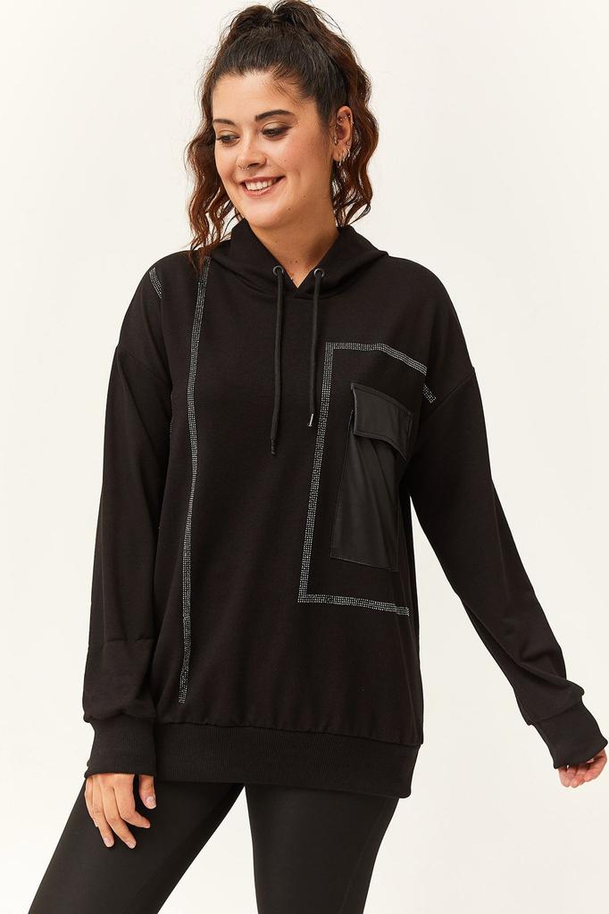 Stil Femei Hanorac Mărime Mare Hanorac Mărime Mare cu Buzunar din Piele Detaliat cu Pietre Brodate Negru