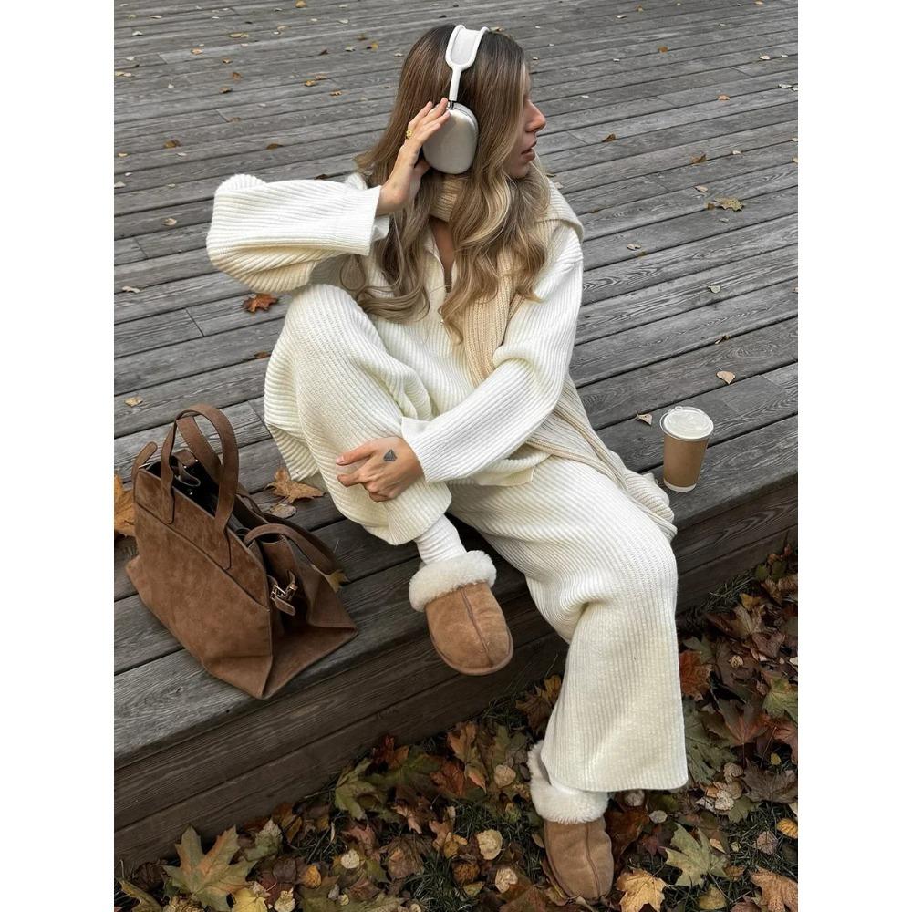 Women's Collared Half Zip Ribbed Knit 2-Piece Set Oversized Wide Leg Pants Fashion Sweater Suit