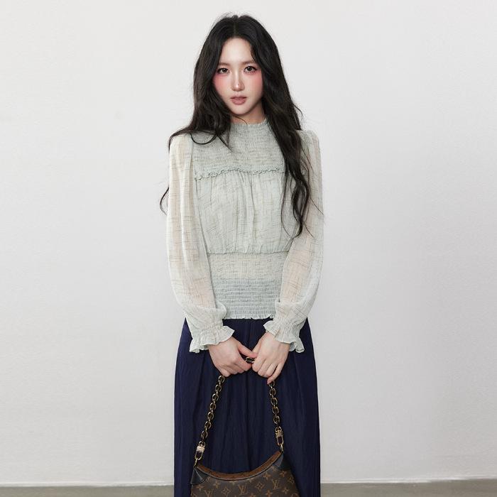 

Versatile Autumn Green Chiffon Slimming Long Sleeve Top for Women Extra Large зелёный