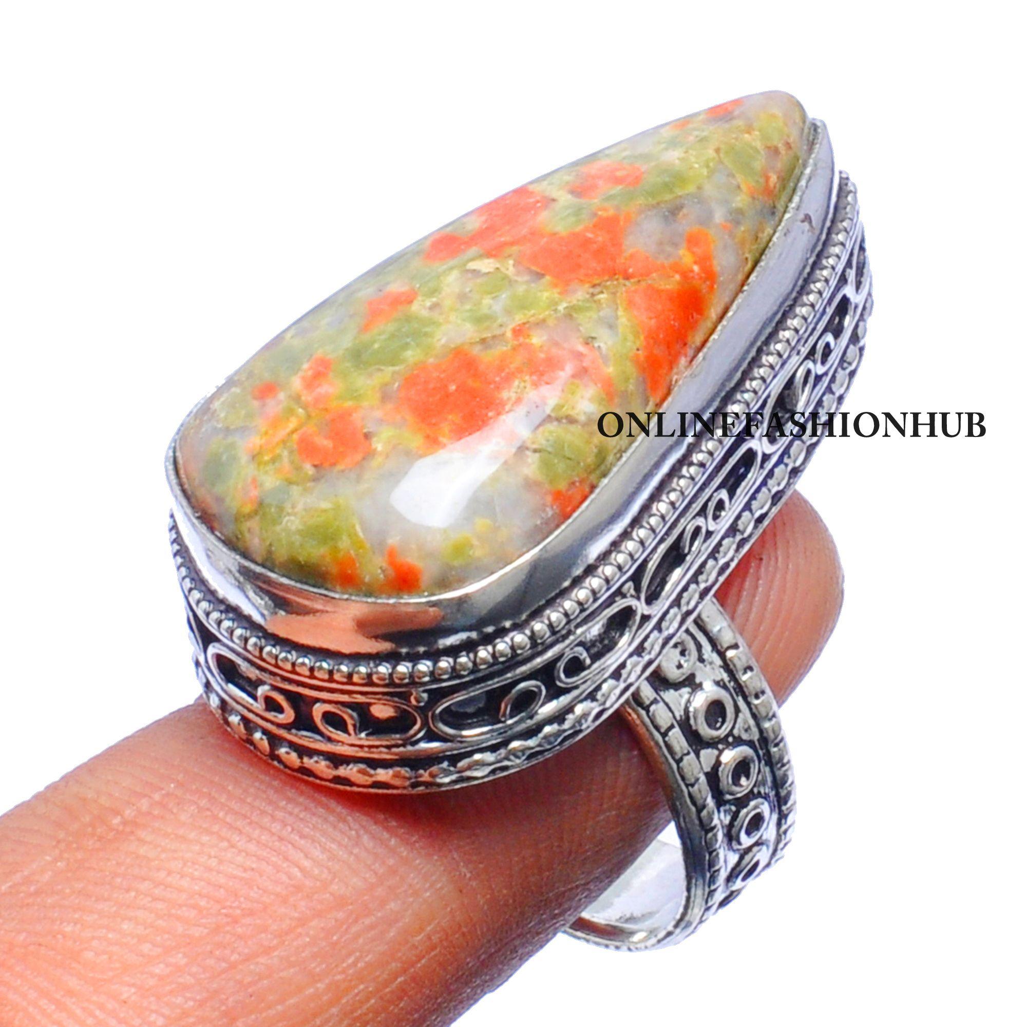

Винтажное кольцо Unakite Jasper Gemstone из стерлингового серебра 925 пробы VRI-R36