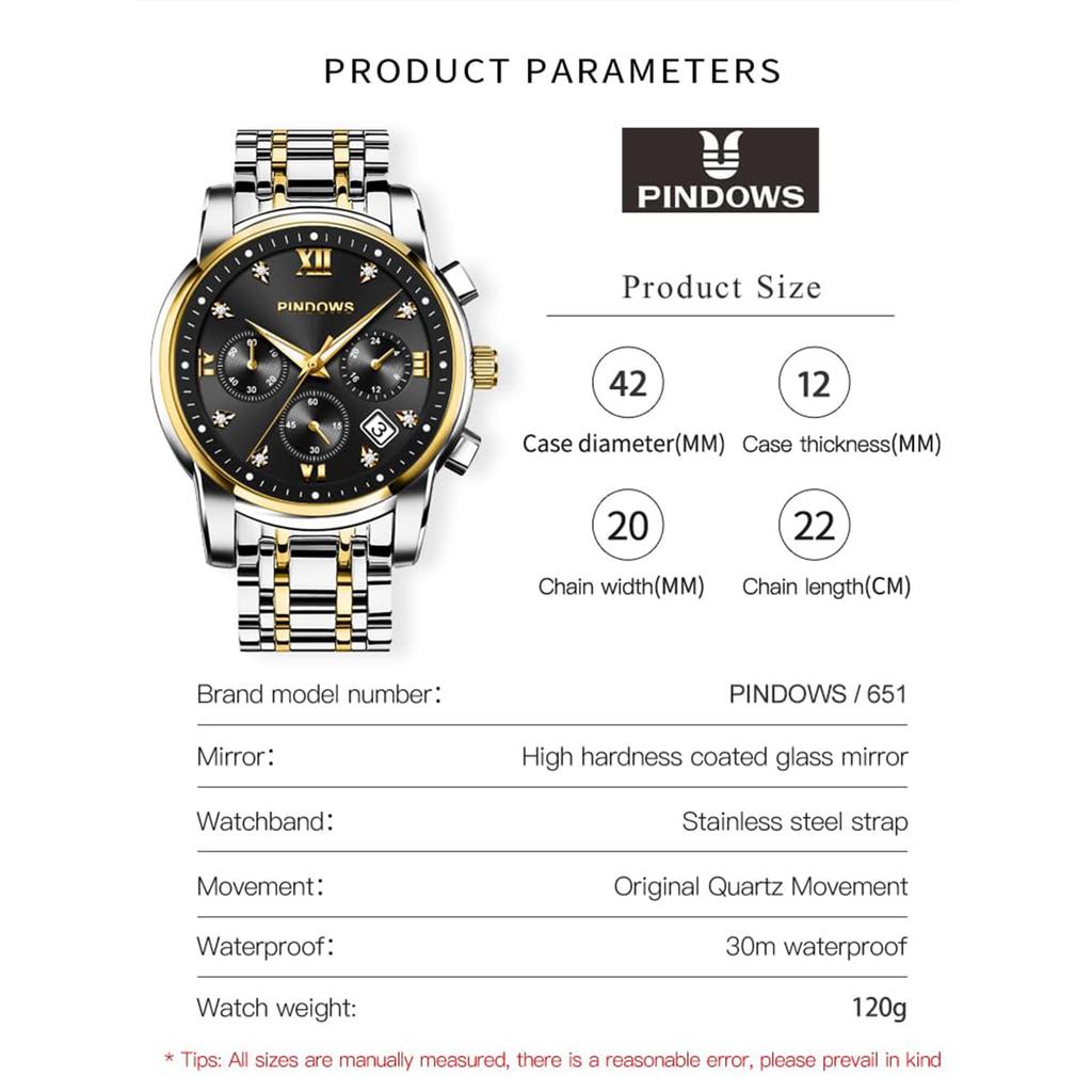 PINDOWS Diamond Business Dress Analog Quartz Luxury Waterproof Luminous Date Stainless Steel Classic Fashion Watch Men's Watch, Display, Two-Tone