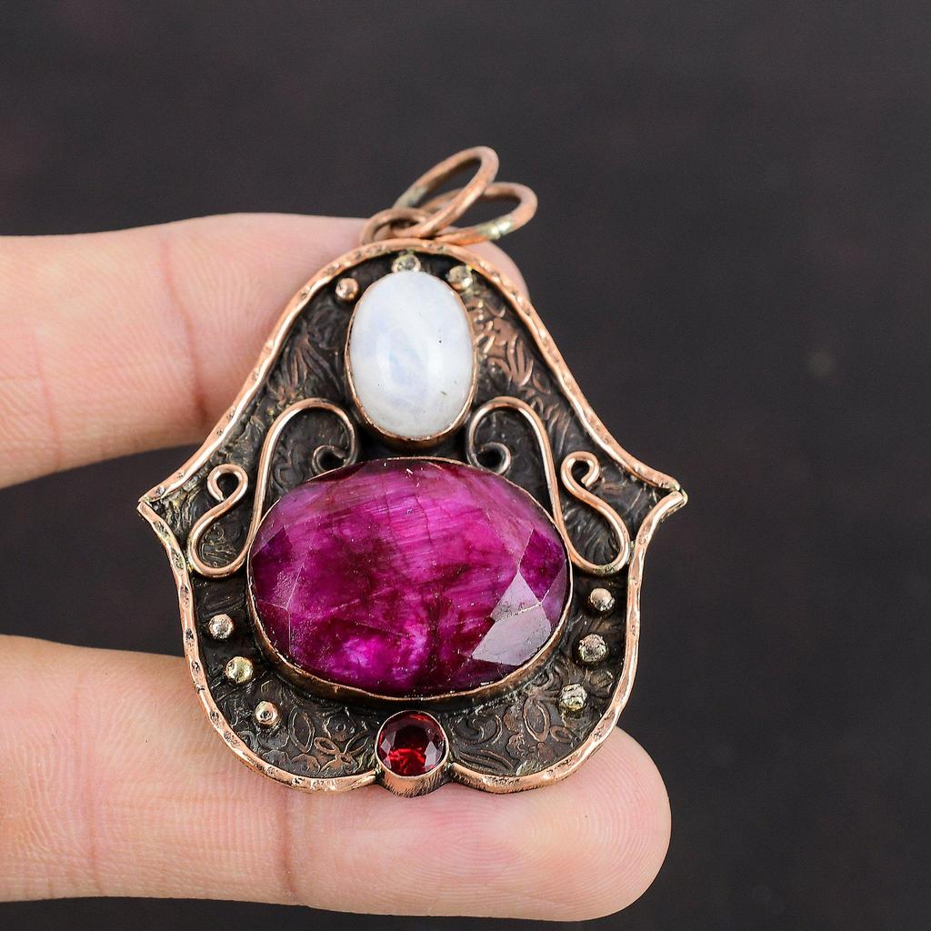 Faceted Kashmir Ruby Pendant Rainbow Moonstone Pendant Mozambique Garnet Pendant Copper Pendant Beautiful Gemstone Jewelry Handmade Pendant