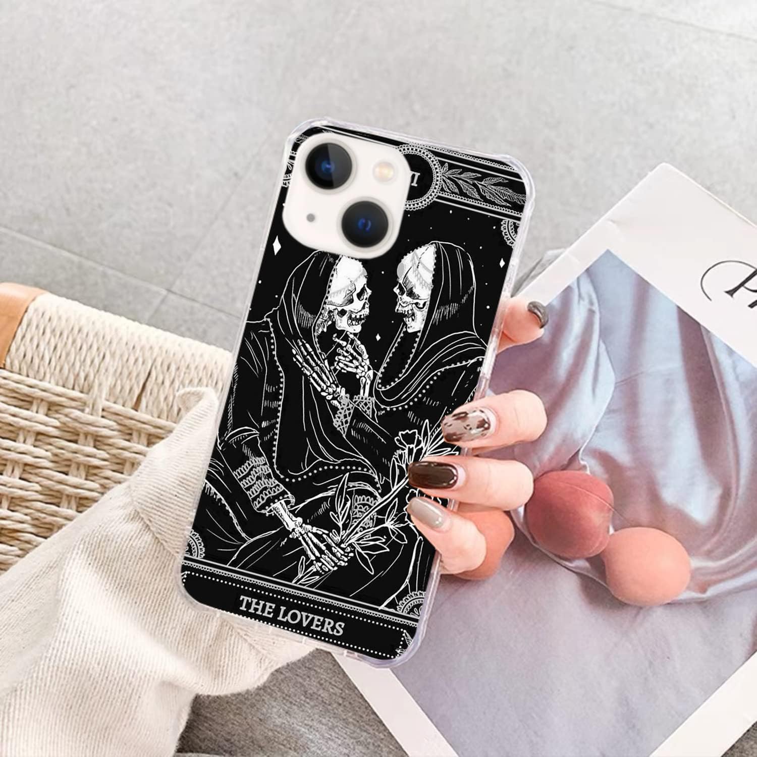 The Lovers Tarot Card Skull Black Case Compatible with iPhone 14 Plus, Trippy Psychedelic Aesthetic Tarot Card Cool Skeleton Case for iPhone 14 Plus,