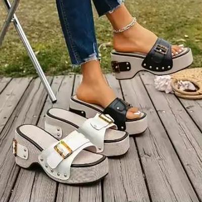 Thick High Heeled Sandals Women Summer Thick High Heeled Rivets Straight Strap Women
