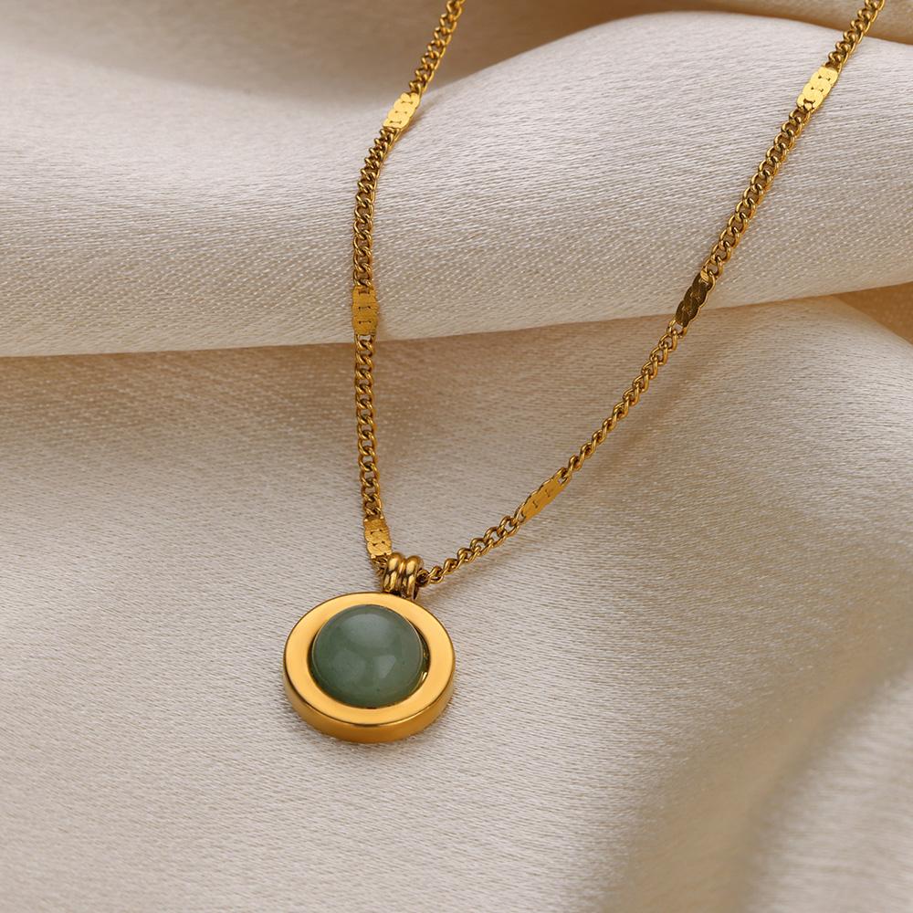 Green Nature Stone Pendant Stainless Steel Necklaces For Women Gold Color Round Stone Necklace Party Wedding Jewelry Gift Mujer