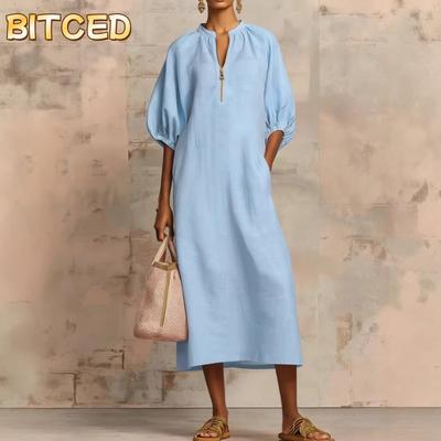 Robes Décontractées Mode Été Printemps Couleur Unie Manches 1/2 Col en V