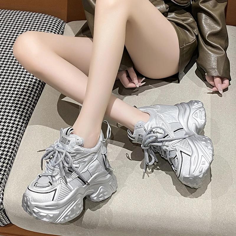 Fashion 12CM New Autumn Breathable Women Chunky Casual Shoes High Heels Winter Wedges Mesh Sneakers Thick Soles Trainers Platform Shoes