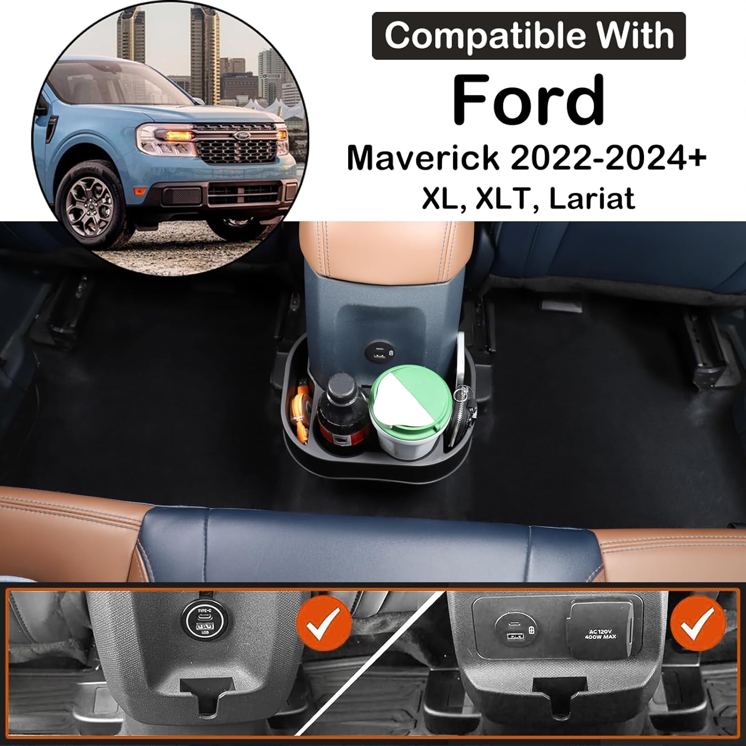 Car Rear Cup Holder Expander Organizer Tray Compatible with Ford Maverick 2022-2024 Car Seat Rear Dual Cup Holder Insert Expander Car Drink Water