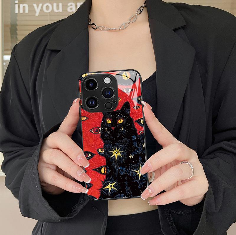 Retro Dark Cat Suitable for Apple 17/16pro Personalized Mobile Phone Case Iphone15 Glass Protective Case Hard Case