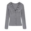 Korean Elegant Ruffle V-Neck Cardigan Women's Slimming Base Layer T-Shirt Top for Autumn/Winter