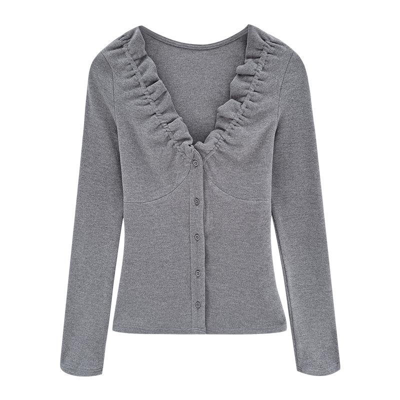 Korean Elegant Ruffle V-Neck Cardigan Women's Slimming Base Layer T-Shirt Top for Autumn/Winter