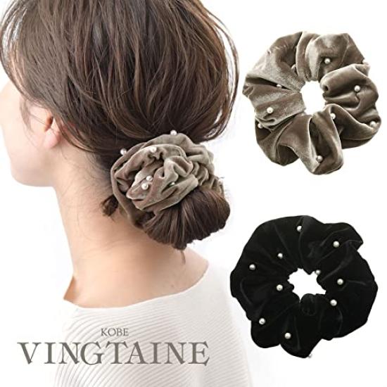 Kobe Vantaine VINGTAINE Velvet Big Scrunchie Hair Accessory Black Pearl-trimmed (HS-164-BK) -