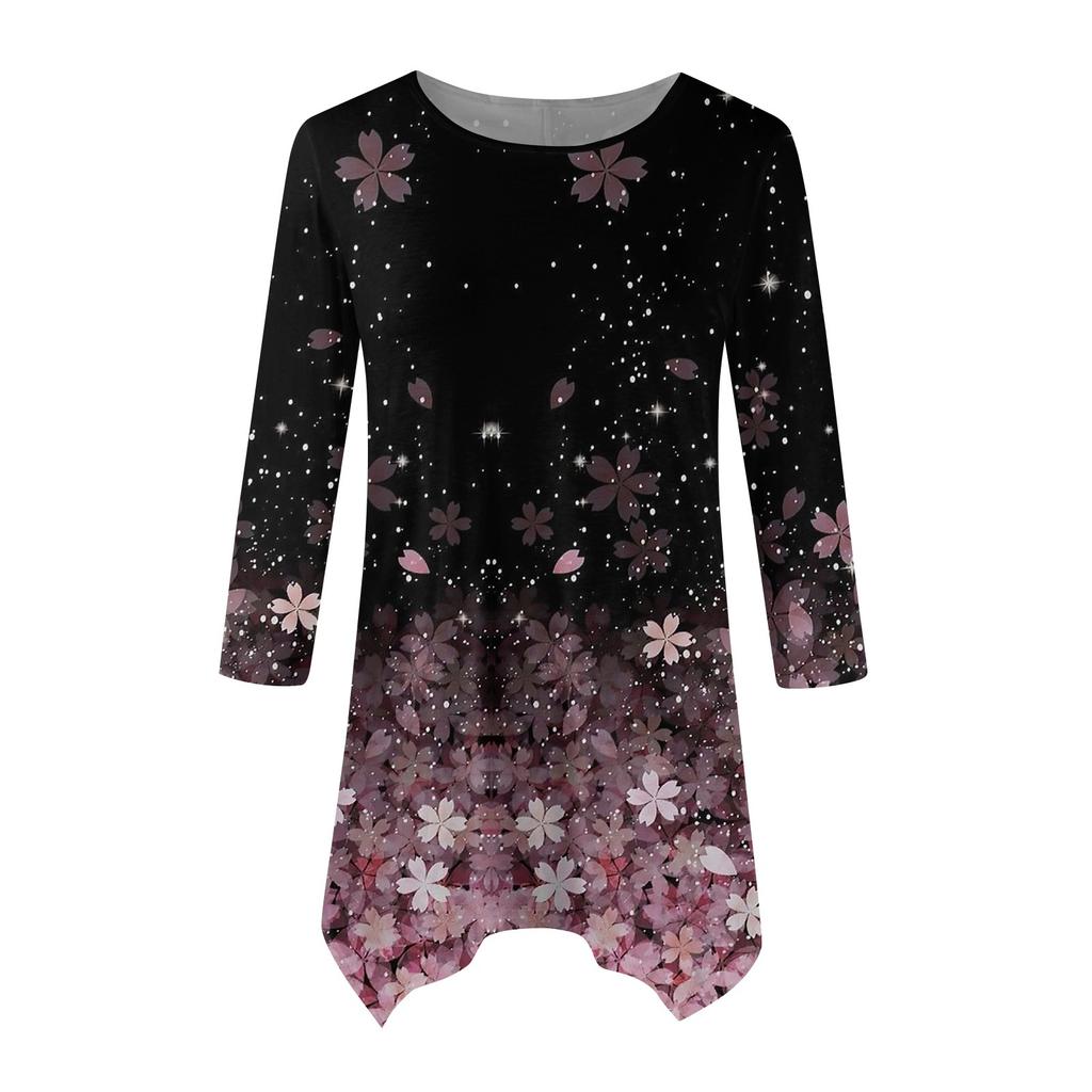 Dámská móda Ležérní tričko s kulatým výstřihem a květinovým potiskem, sedmirukávové, s páskem, volný pohodlný top