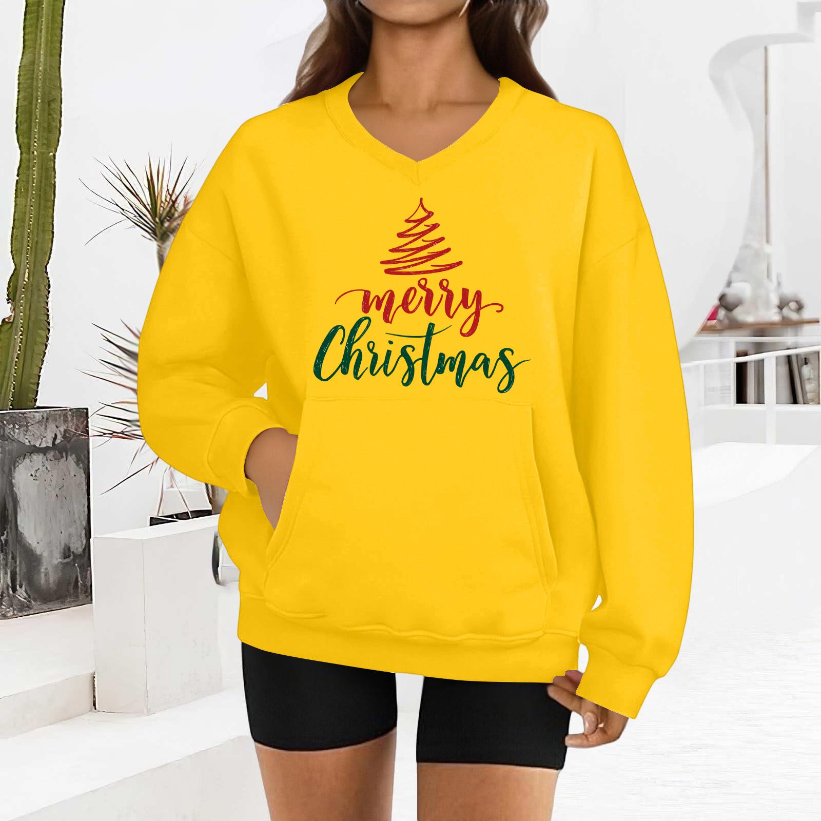 

Женский модный свитшот с длинными рукавами и V-образным вырезом с рождественским принтом XL жёлтый
