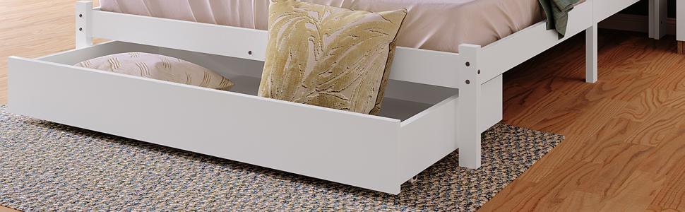 Massivholz Doppelbett mit Schubladen und Lattenrost, Bücherregal Jugend und Erwachsenen Kinderbett, 140x200cm Weiß