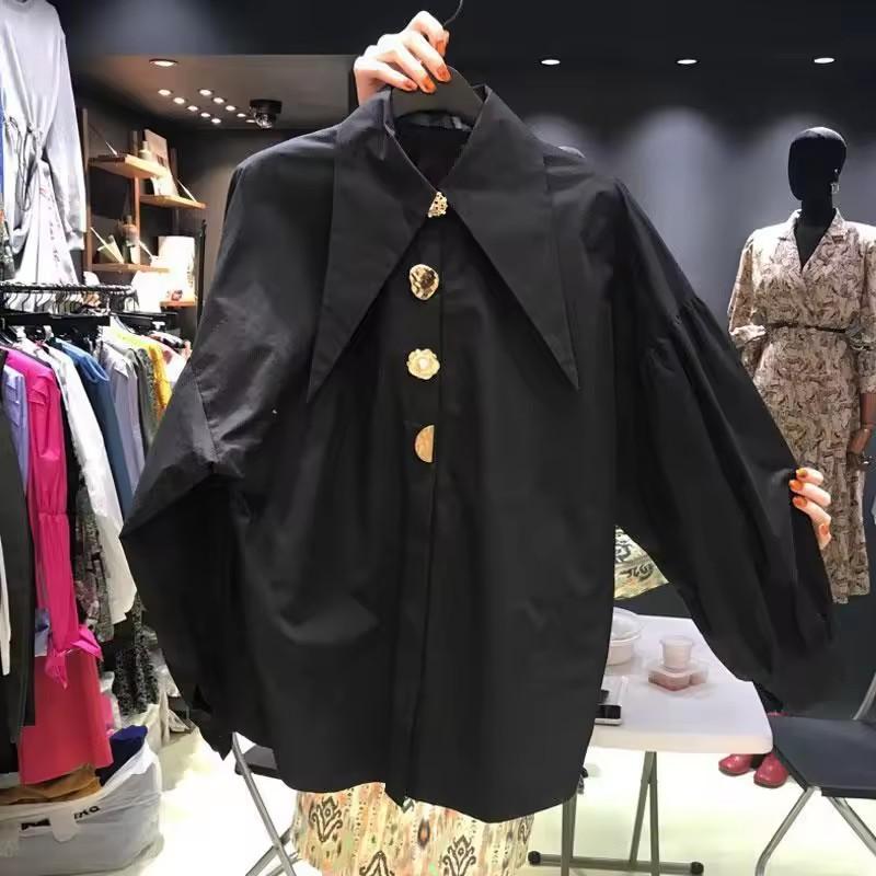 

Женские рубашки Белые Элегантные Жемчуг Острый воротник Свободный Длинный рукав Женская блузка Шикарные женские топы XXXL чёрный