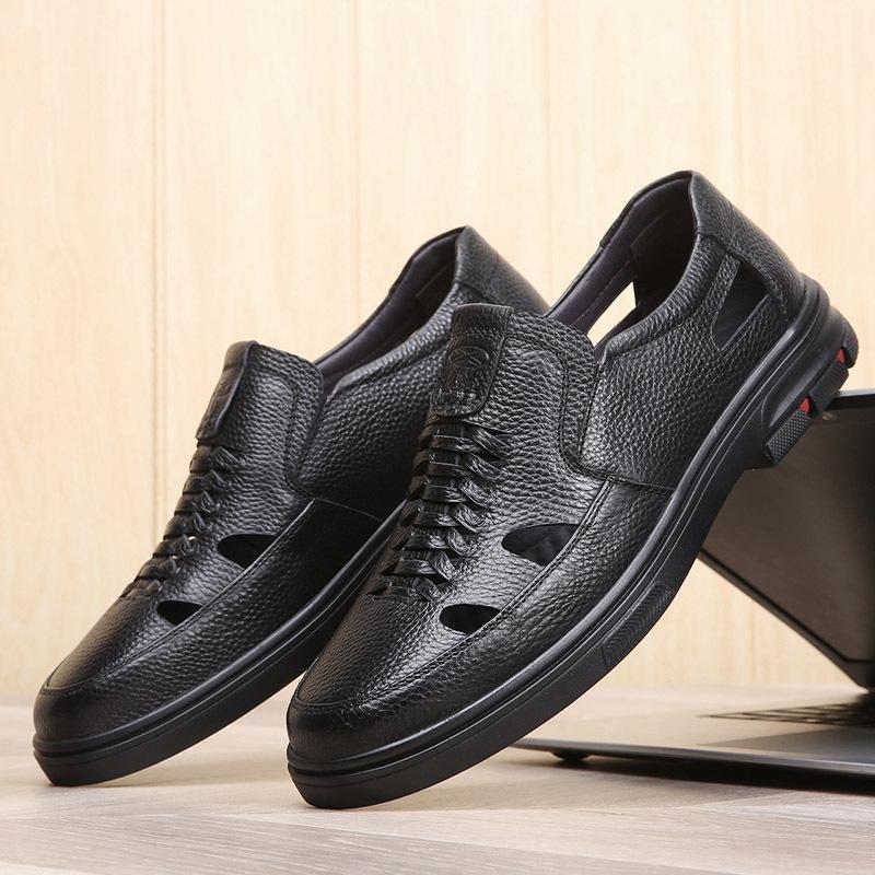 Foreign Trade Large Size 46 Size 47 Leather Sandals Men's Dad Shoes Cowhide Leather Soft Sole Summer Hollow Hole Shoes