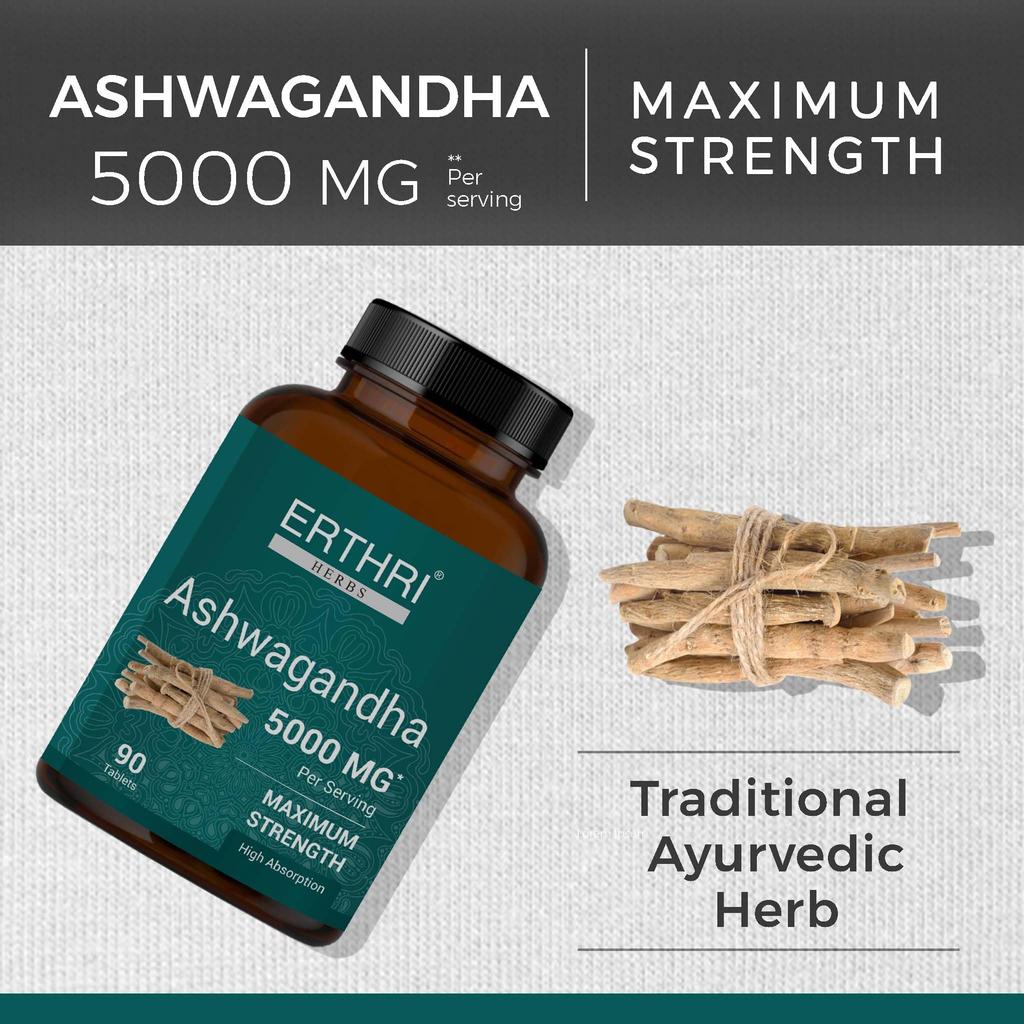 ERTHRI Ashwagandha Tablets 5000mg 90 Count | Pure Ashwagandha Supplement (Withania Somnifera) | Natural Stress & Anxiety Relief | Supports Memory