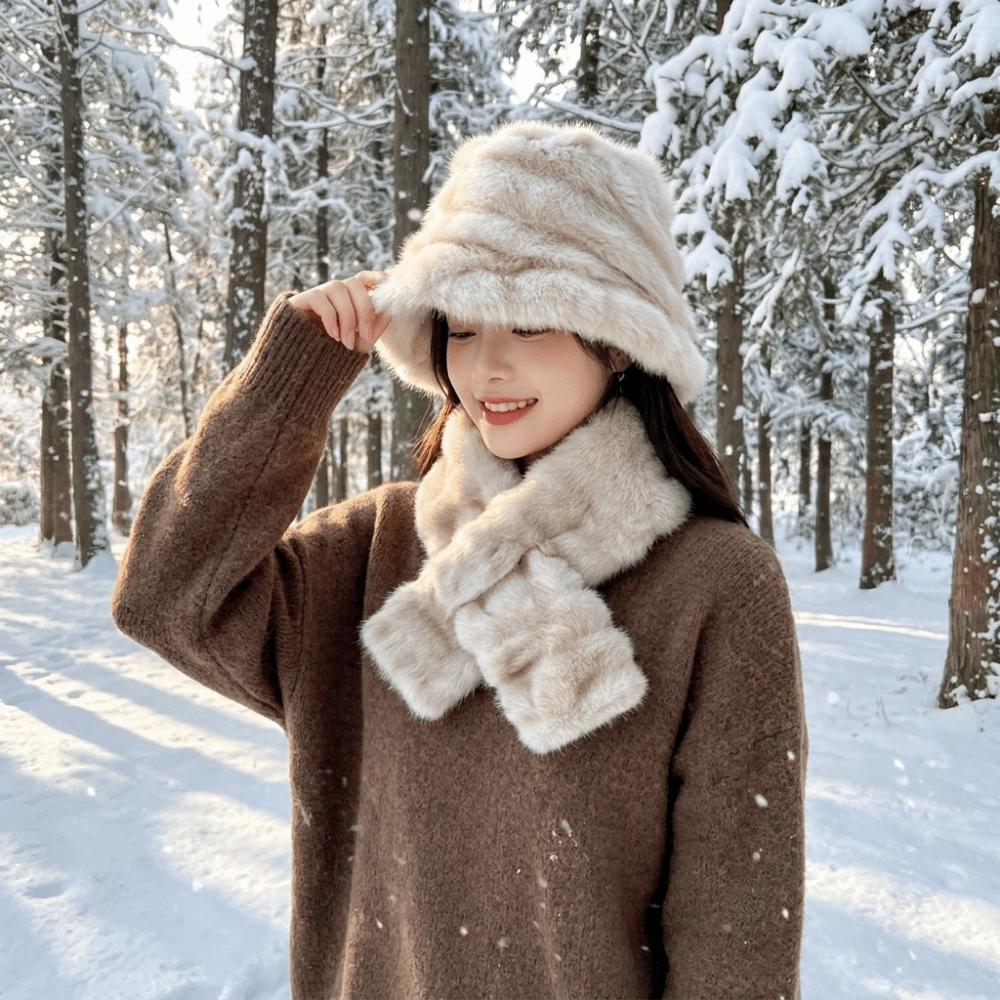 Windproof Faux Fur Hat Scarf Set Warm Fur Snood Scarf Fashion Winter Hat Scarf Set Skiing Holiday