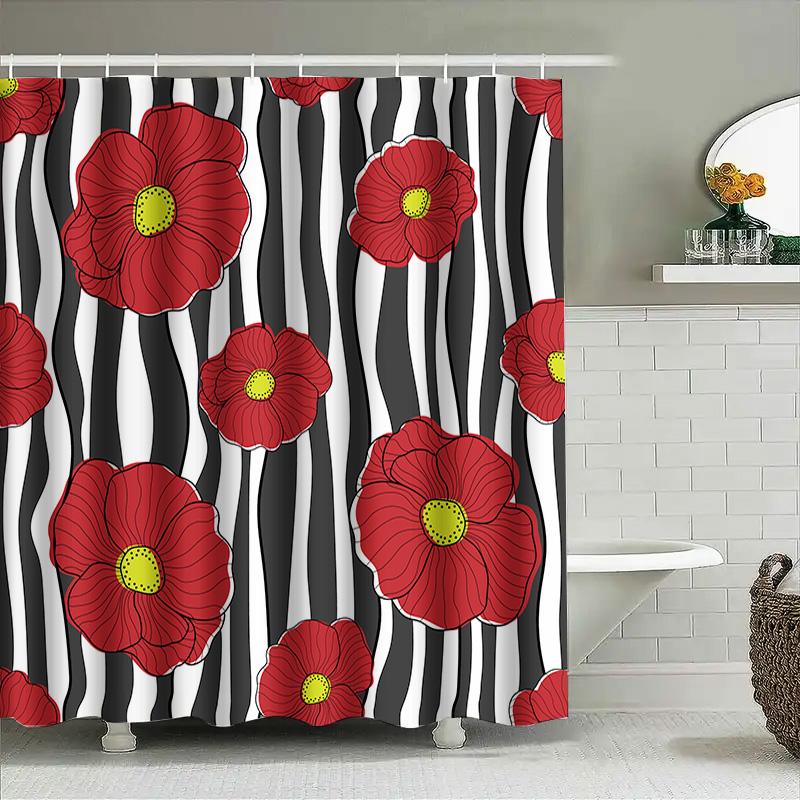 Red Flower Black Striped Shower Curtain Set For Bathroom Decor Modern Floral Shower Curtains With Rings Perfect Gift Ideas (Size