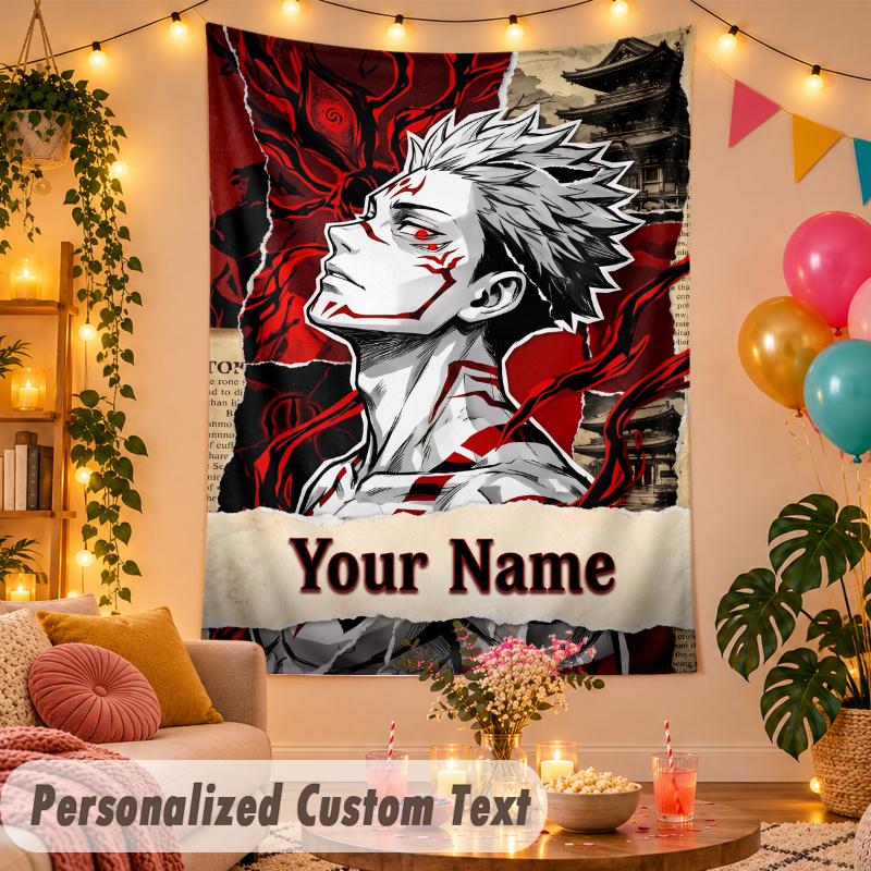 Ryomen Sukuna Personalized Wall Tapestry Custom Name Text Polyester Hanging Decor Home Room