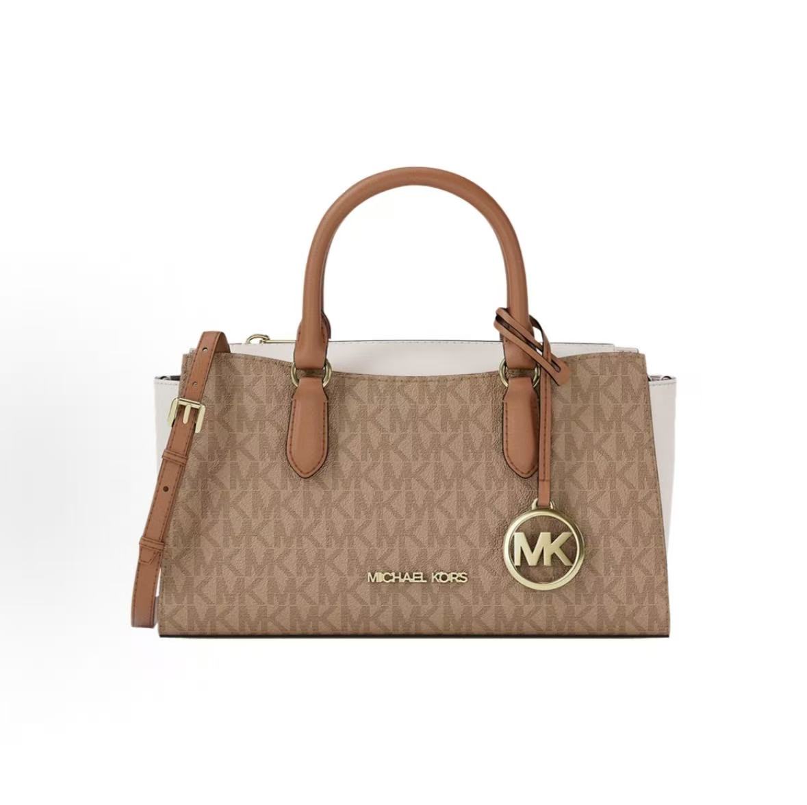 Michael Kors Mk Arden Monogram Pattern Faux Leather Tote Bag Small Women Tote Bags Camel Cream 35S6G4XM5B-260 Basic Set (Bag+Dust Bag)