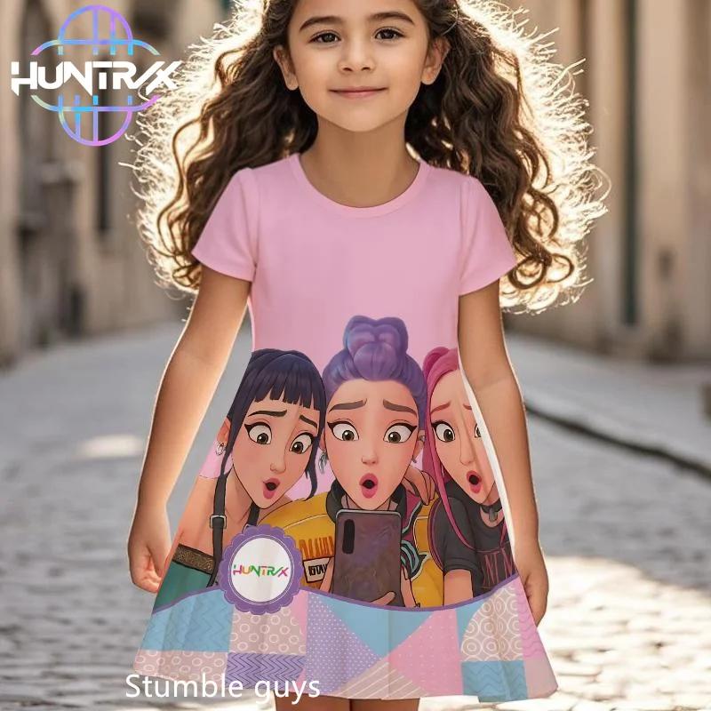 

Kpop Demon Hunters Anime Girls Dress Summer Kids Cartoon Short Sleeve Beach Sundress Casual Nightgown 150