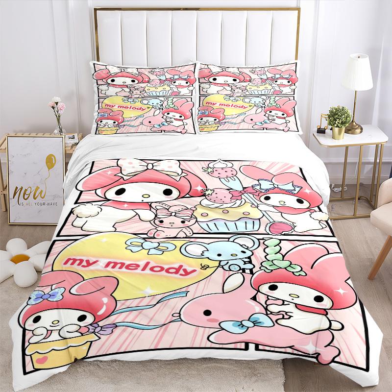 3pcs Pink My Melody Printed Quilt Set Soft and Comfortable Quilt Cover for Bedroom, Guest Room Bedding Set W073