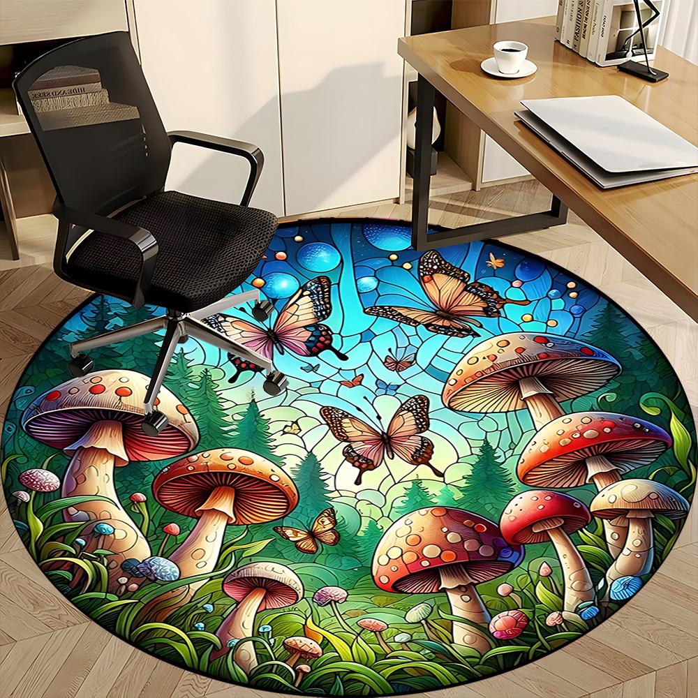 1pc Mushroom Butterfly Office Round Area Rug, Indoor Mat Suitable ForOffice, Under Office Chairs Bedroom Living Room Home Decor, D136