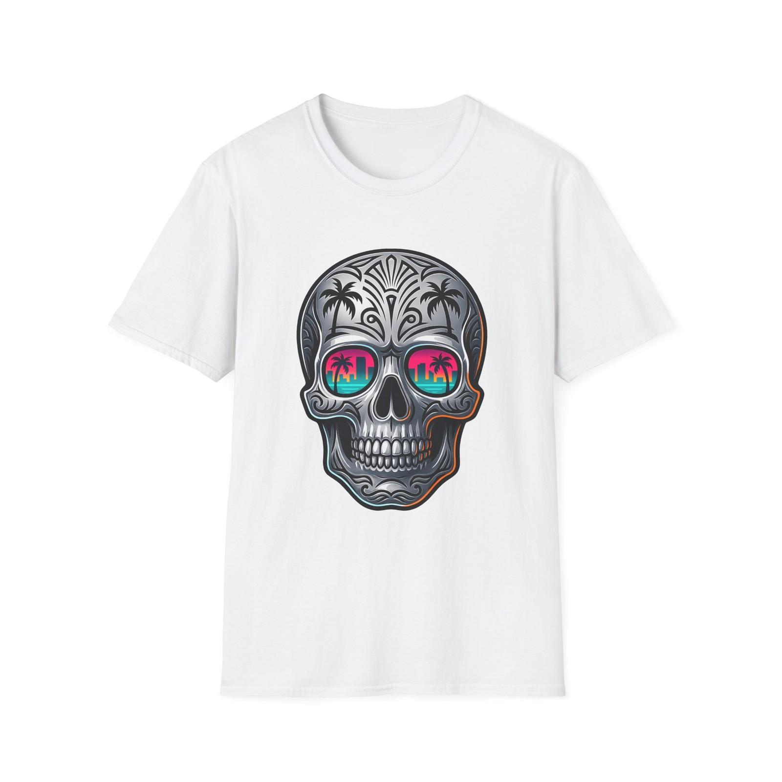 Unisex Softstyle T-Shirt Chrome Skull Miami Palm Tree Ocean Wave S