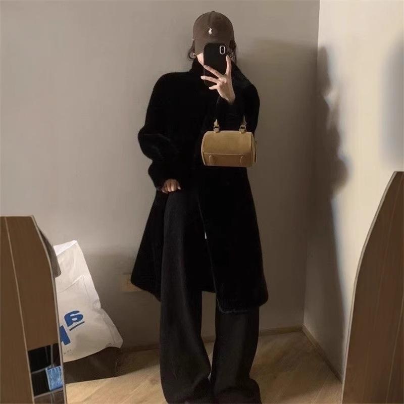 Winter Young Mink Long Stand-up Collar Fur All-in-one Imitation Mink Plush Eco-friendly Fur Coat for Women