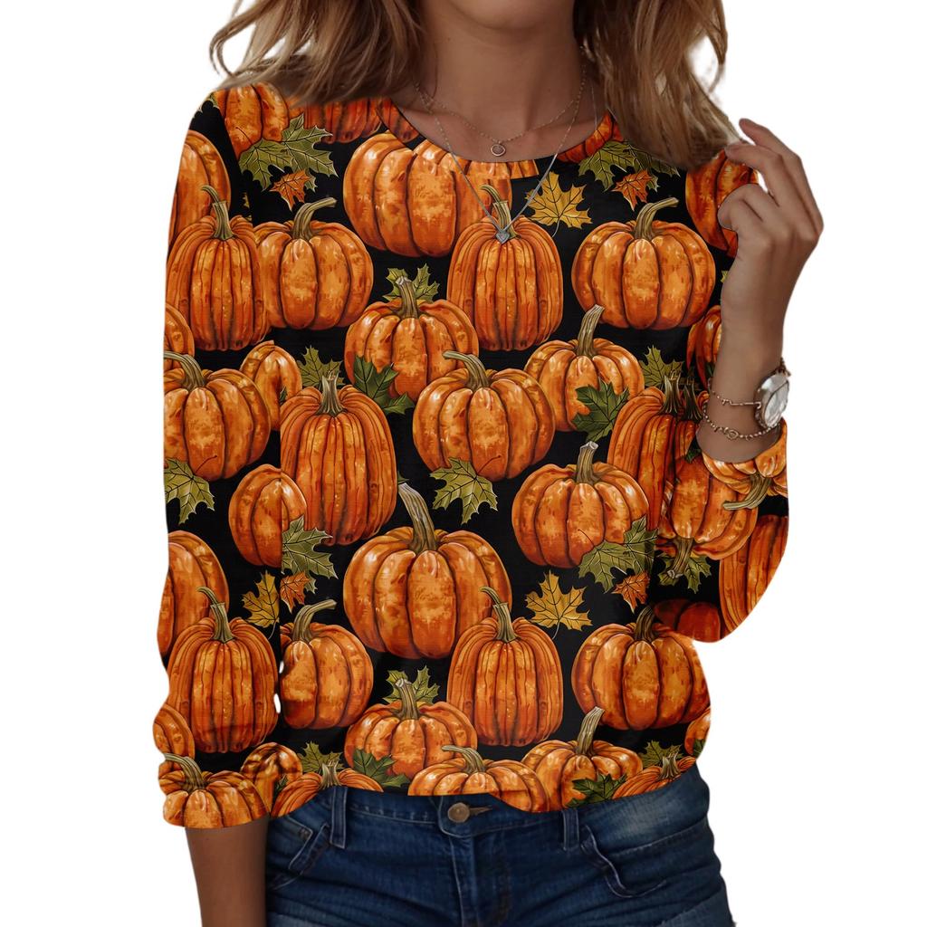 Women Long Sleeve Casual Pullover Sweatshirt Halloween Printed Crew Neck Top Lightweight Comfortable Fit for Everyday Wear