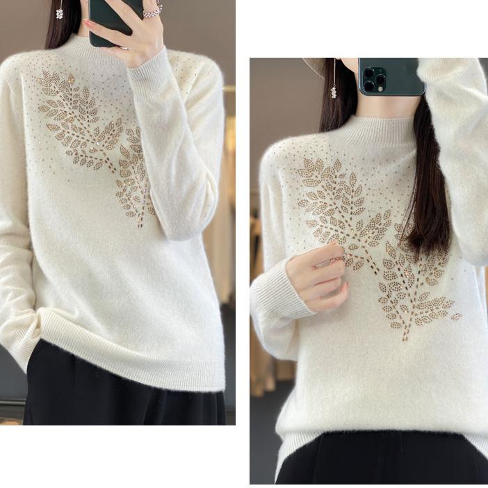 Pull semi-col roulé pour femme automne/hiver, pull ample en strass, haut en tricot doux