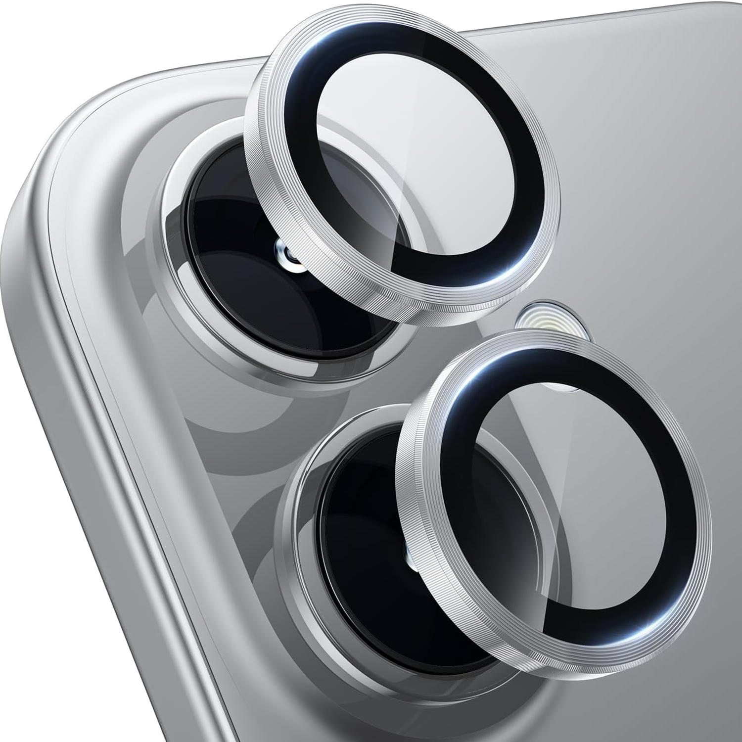 

1 комплект для iPhone 16/16 Plus плівка для об єктива камери загартоване скло CD прожилки металеве кільце захисник заднього об єктива Silver