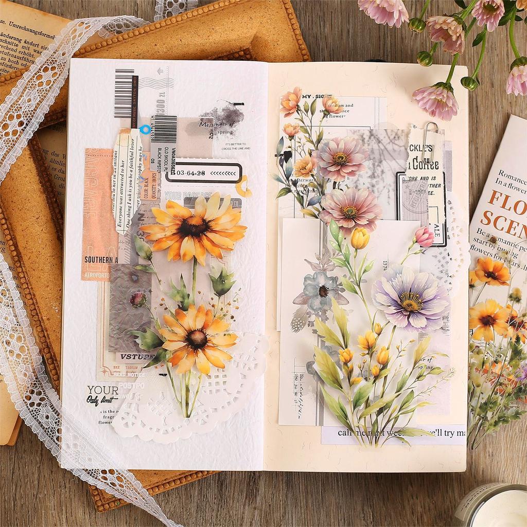 20 Pcs Beautiful Flowers Stickers Creativity Decorative Collage Scrapbooking Stick Labels Junk Journal Supplies
