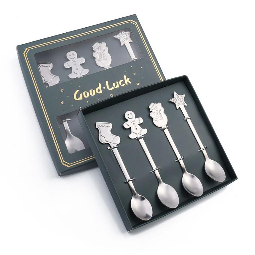 4Pcs Christmas Coffee Spoons with Gift Box Stainless Steel Snowman Star Dessert Spoons Teaspoons Cutlery Spoon Christmas Gift
