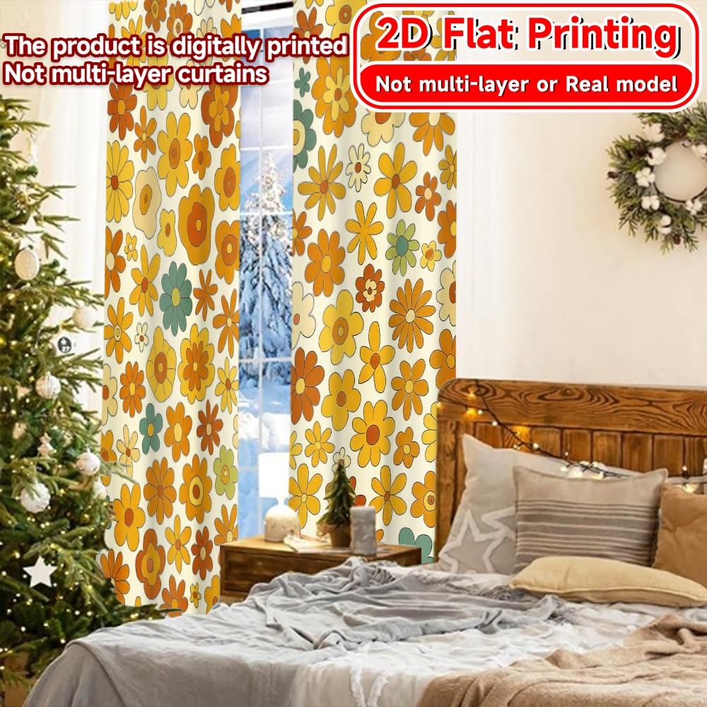 2Pcs, 2D Flat Printing Curtains (Without Rod) Floral Harmony Christmas Holiday Curtains With Digital Printing Yarn Curtains