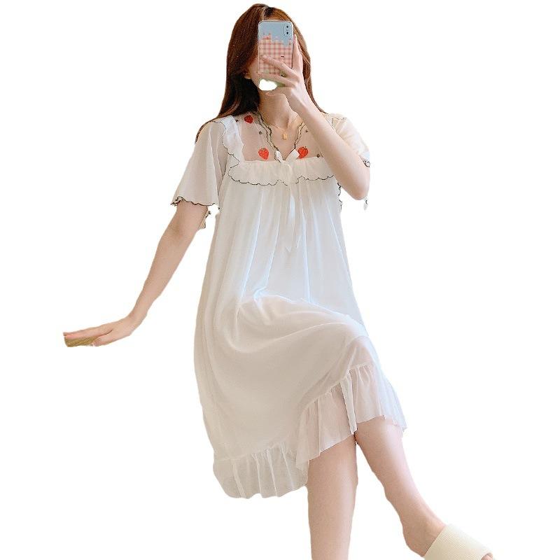 Summer Loose And Sweet Princess Style Solid Color Medium And Long Mesh Nightdress Pajamas Loungewear