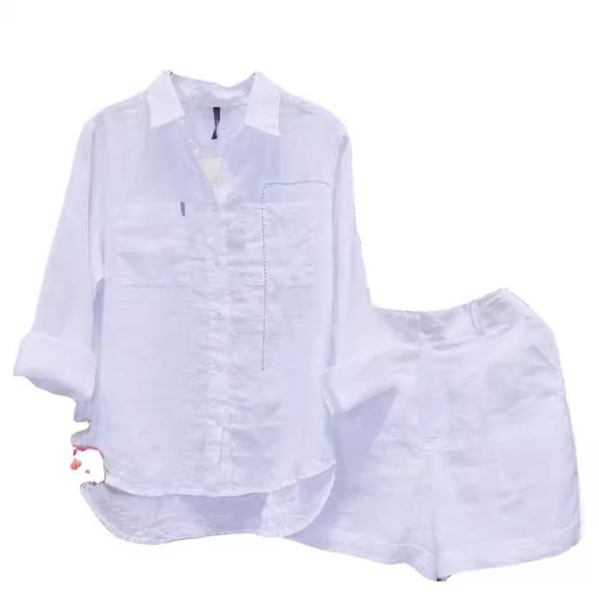 Women's Cotton & Linen Two-Piece Shirt Set - Solid Color, Spring/Autumn Fashion