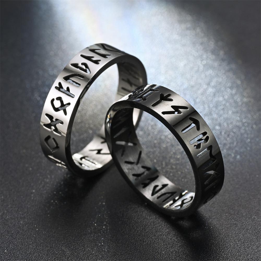 Nordic Hollowout Odin Amulet Vintage Rune Ring for Men Stainless Steel Character Ring Wedding Jewelry Valentine's Day Charm Gift