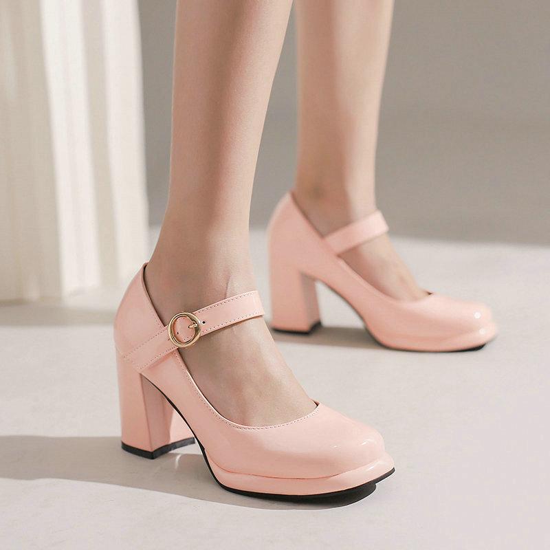 Patent leather Mary Jane women's single shoes spring and autumn new round head thick heel super high heel one-word buckle belt women's single shoes