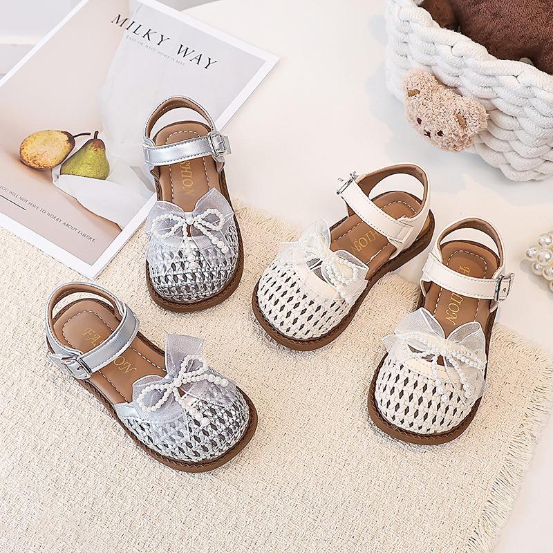 Girls mesh bow woven hollow sandals summer fashion bag head princess sandals beach shoes tide