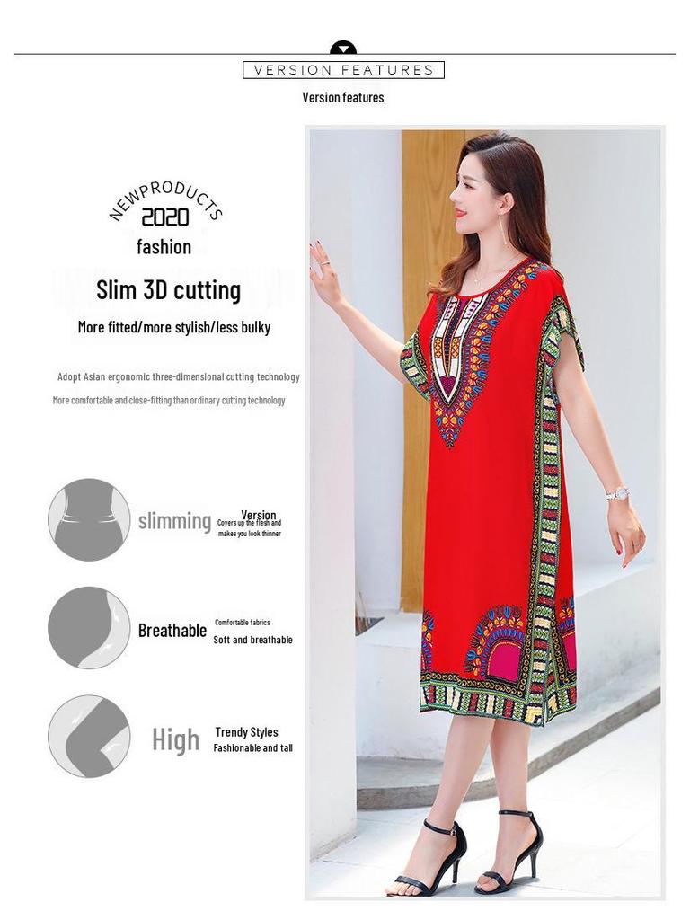 Summer Cotton Silk Loose Fit Mid-Length Bat Sleeve Dress for Women - Plus Size, Belly Covering, Slimming Beach Dress for Moms