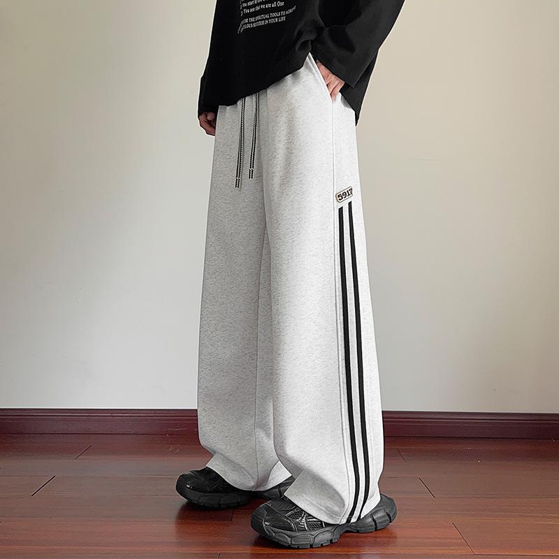 American striped contrasting cotton sweatpants men's autumn new Hong Kong style loose straight casual trousers