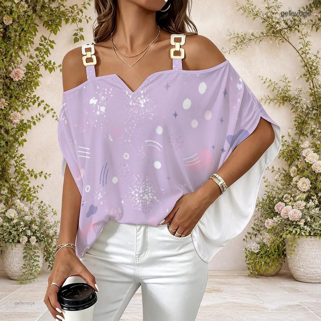 Women Plus Size Off Shoulder Metal Buckle Strap V Neck Short Sleeve Abstract Print Blouse